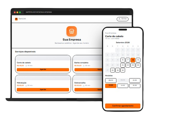 Interface do SertLink — agendamento online no computador e celular